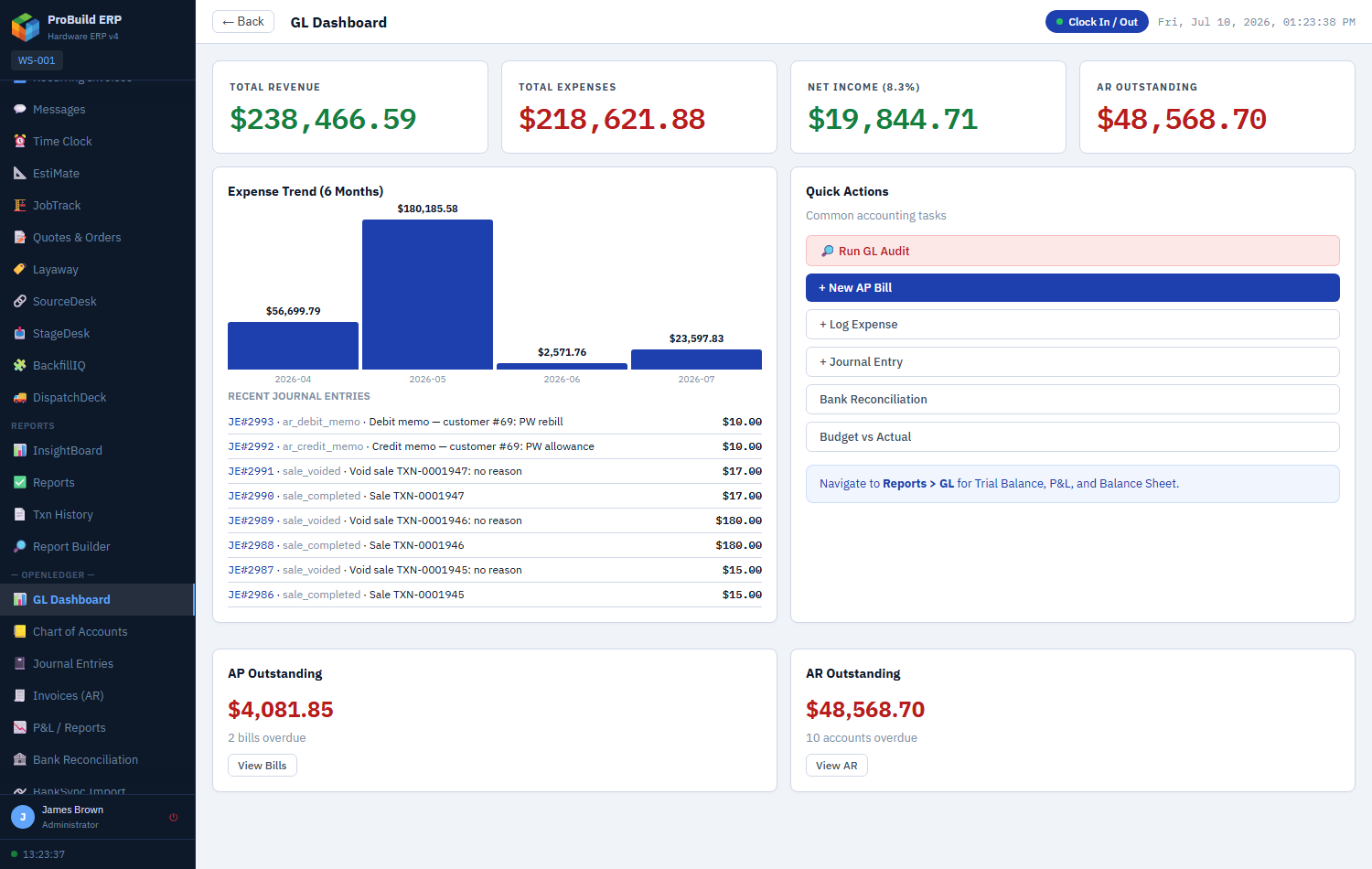 ProBuild ERP OpenLedger dashboard