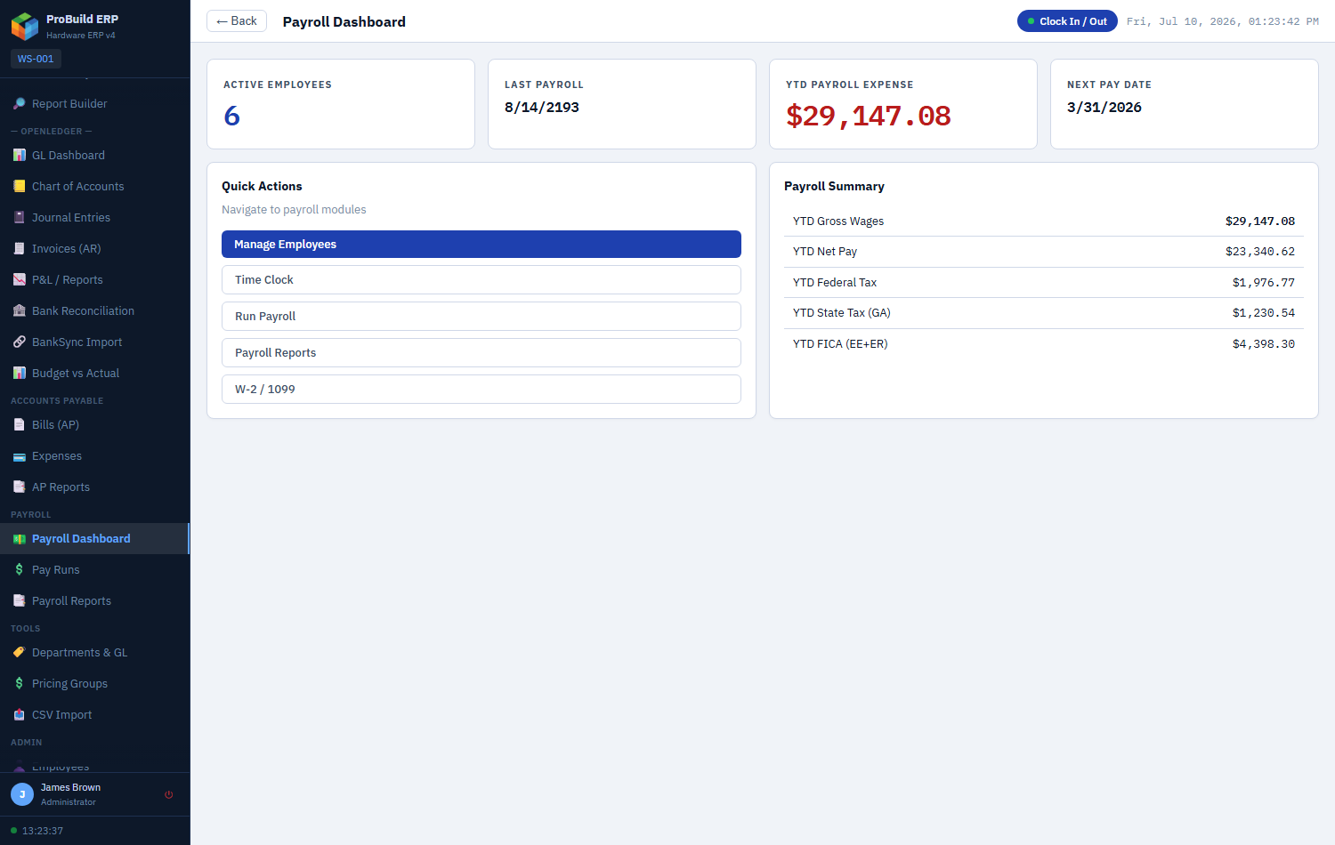 ProBuild ERP payroll dashboard