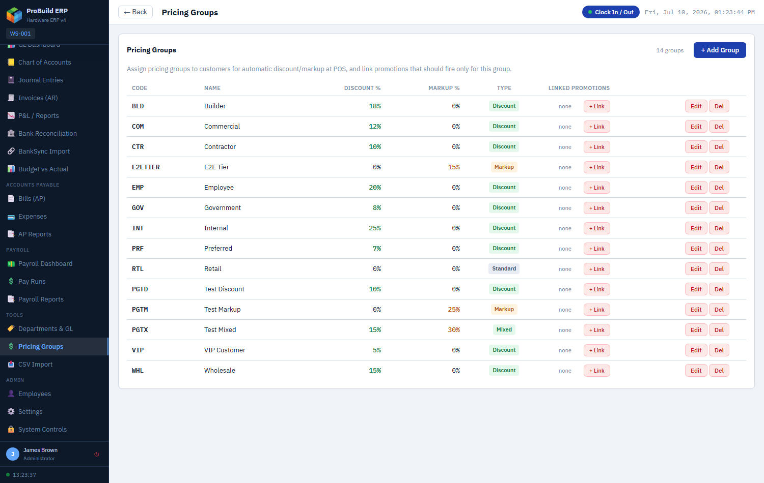ProBuild ERP Role-Based Security screen