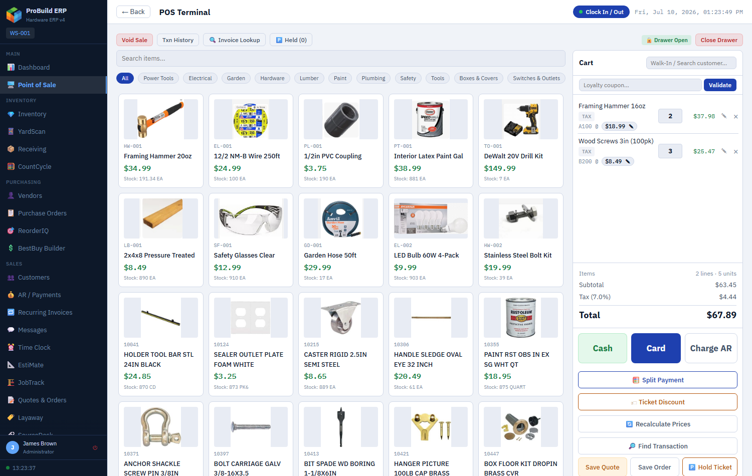 ProBuild ERP point of sale screen with products, customer cart and payment options