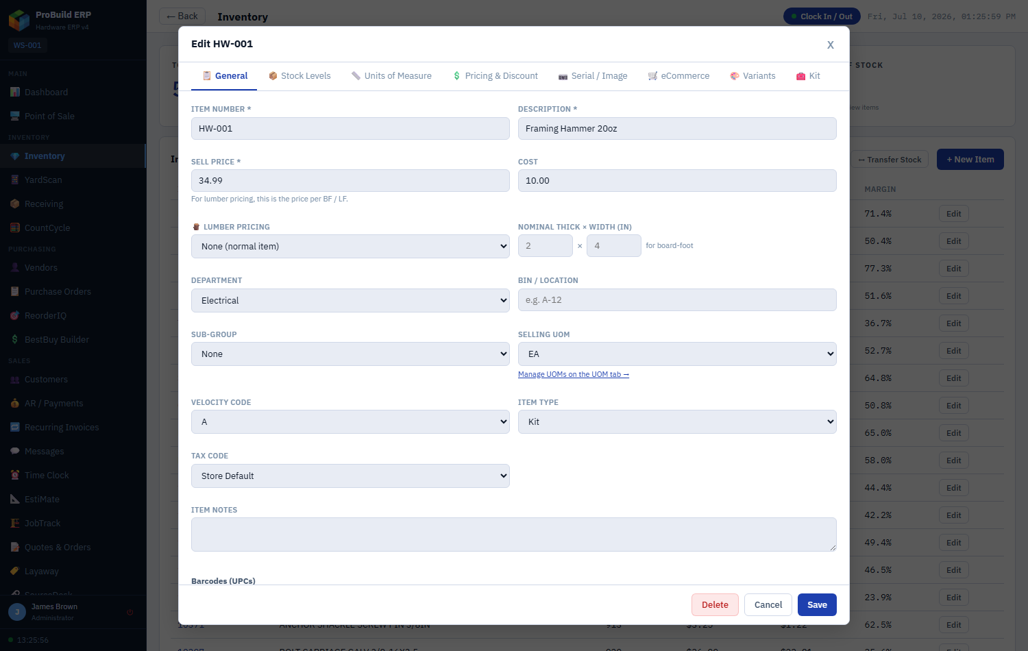ProBuild ERP item editor