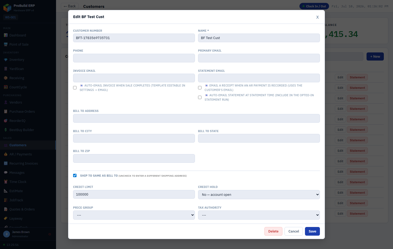 ProBuild ERP customer record
