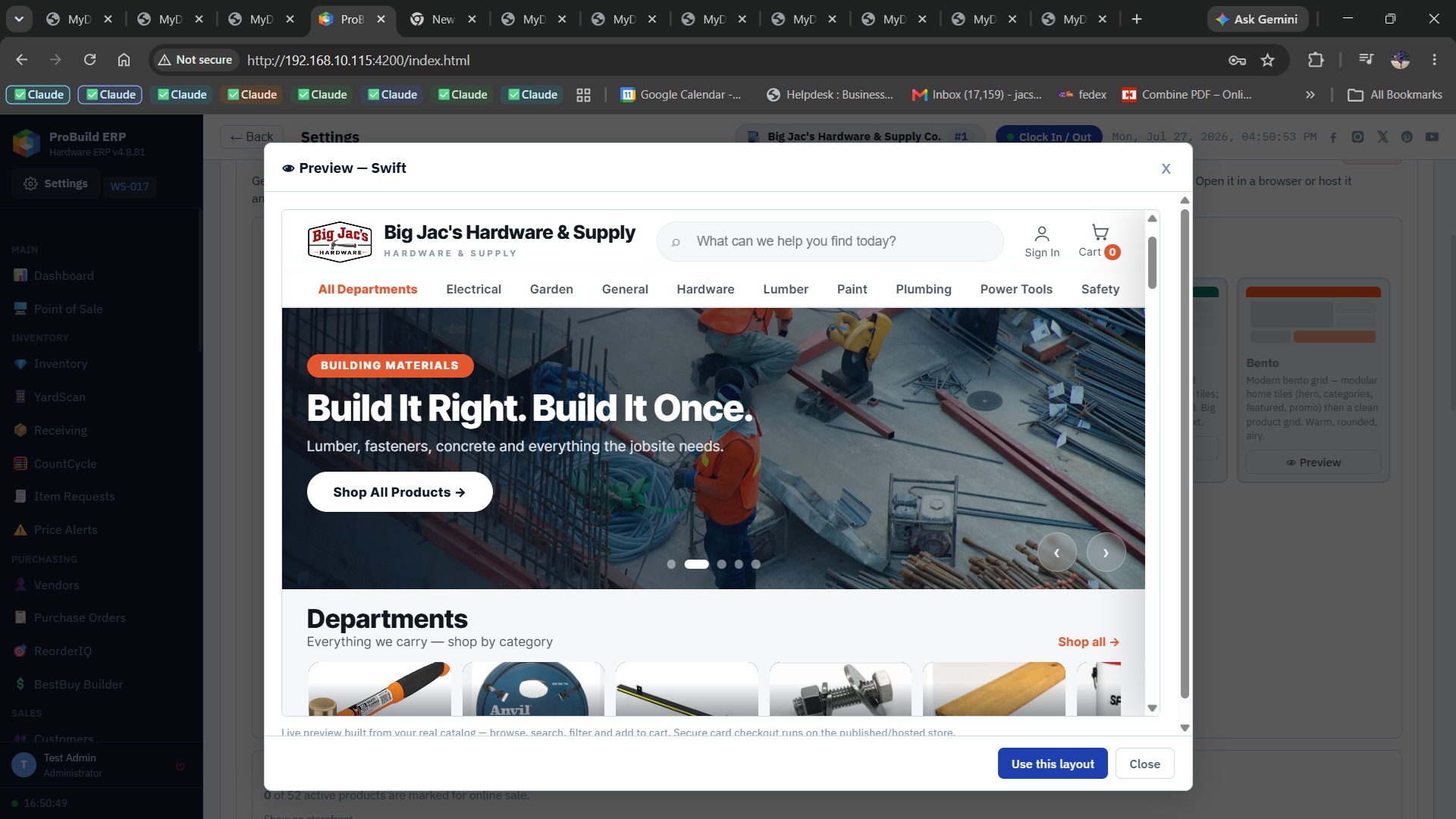 ProBuild ERP branded online storefront preview for a hardware and building supply dealer